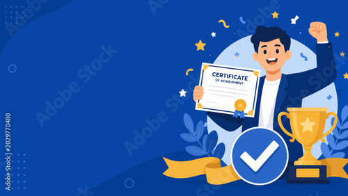Slika na platnu Celebration of Achievement: A man in business attire proudly holds a certificate of achievement, his face beaming with joy