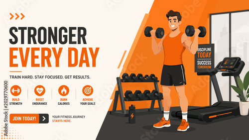 Bild auf Leinwand STRONGER EVERY DAY: A fitness advertisement with a man lifting dumbbells in a gym, promoting strength, endurance, and goal achievement