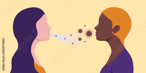 Fotografie Flat vector illustration showing airborne virus transmission between two people facing each other