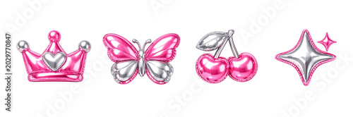 Cute pink and silver metallic balloon icon set with crown butterfly cherries and sparkling star shapes isolated as girly celebration graphics