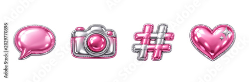 Pink and silver metallic balloon social icons with speech bubble, camera, hashtag and heart for cute online party clipart and playful digital stickers
