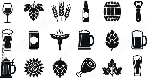 Εκτύπωση καμβά Beer Brewing And Pub Icons Black Silhouette Set With Hops Wheat Bottle And Glass