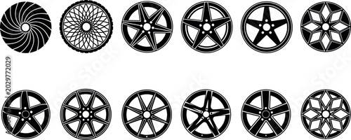 Tableau sur toile Car Wheel Rim Silhouette Vector Set Featuring Custom Alloy Spokes and Sport Auto