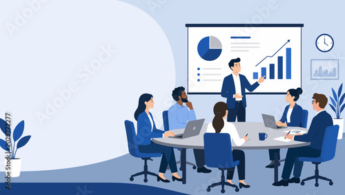 Tablou pe pânză Business Meeting Presentation: A dynamic business meeting in progress, with a presenter explaining financial data on a screen to a group of attentive professionals seated around a table