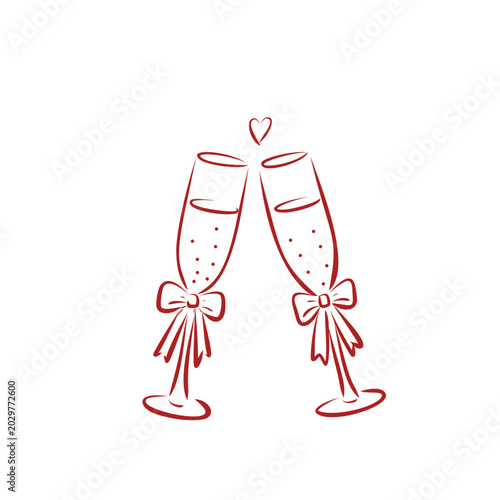 Celebratory champagne glasses with red bows and heart accent for romantic occasions