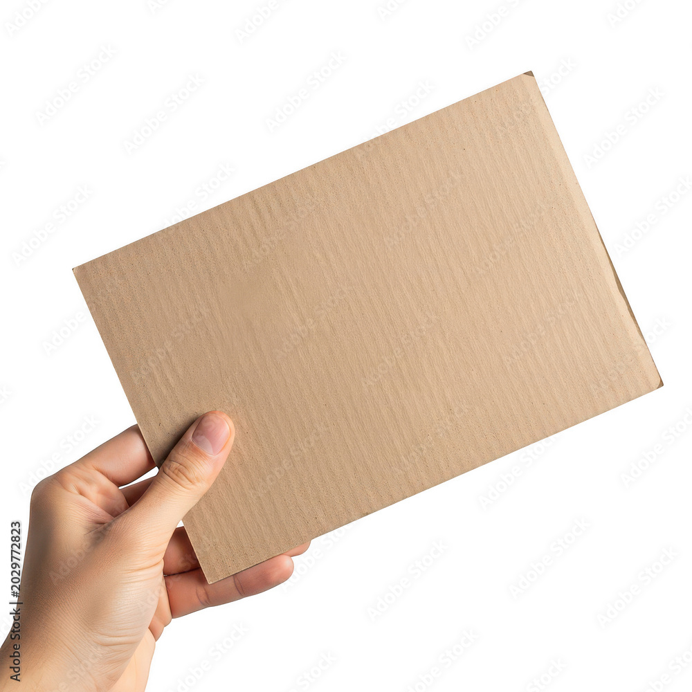 Obraz premium Hand holding a blank rectangular cardboard sheet isolated on a transparent background