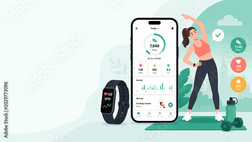 Bild auf Leinwand Fitness Tracking: A woman performs a stretching exercise next to a smartphone displaying a fitness app and a smartwatch