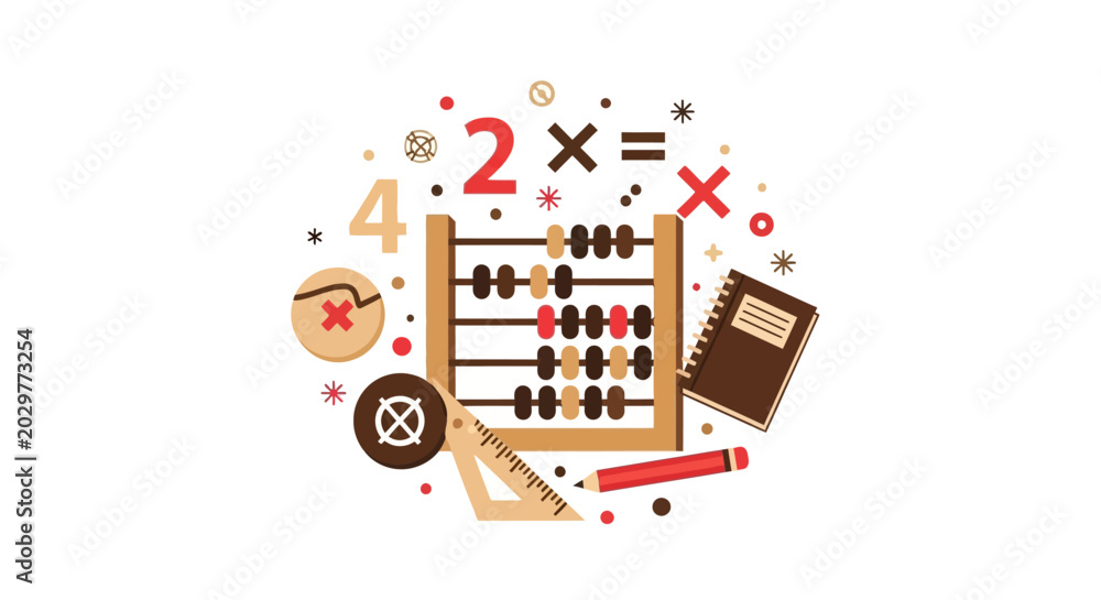 Obraz premium Flat Vector Illustration of Mathematics and Education Tools including Abacus, Notebook, Pencil and Geometry Ruler on White Background