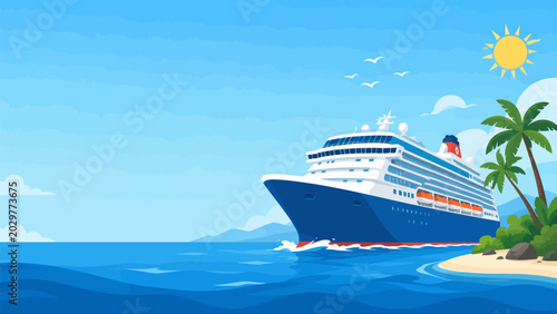 Bild auf Leinwand Grand Voyage of Discovery: A majestic cruise ship glides across the sparkling blue ocean towards a tropical island paradise, under a clear sunny sky