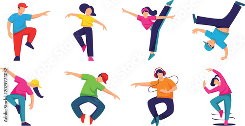 Принти на полотні Colorful Street Dance and Hip Hop Character Icon Set with Break Dance, Freestyle