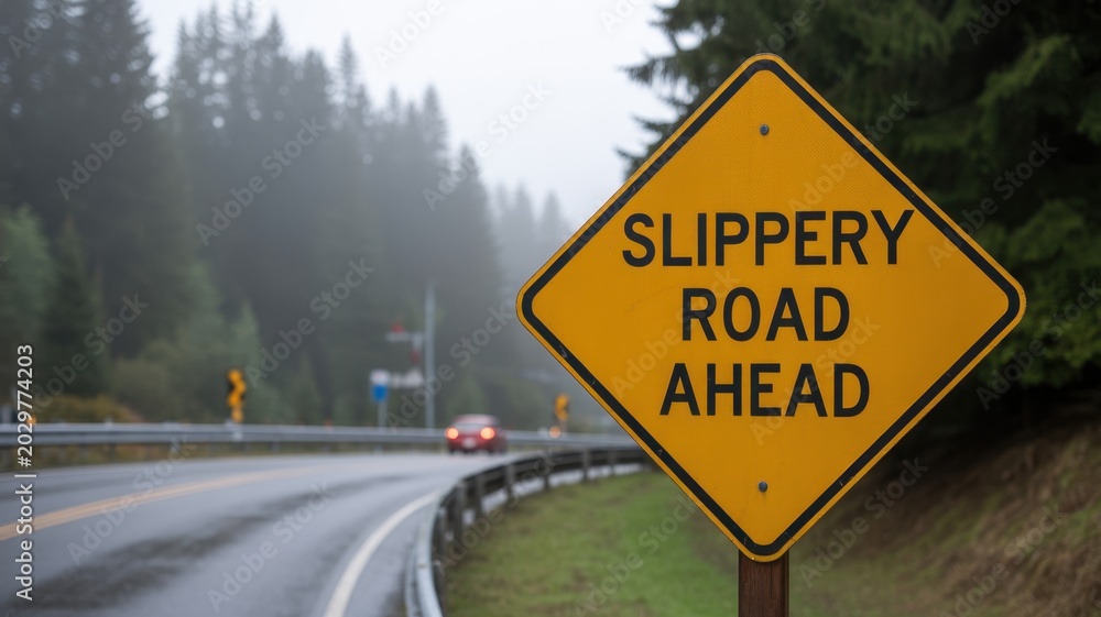 Naklejka premium Slippery road sign warning on a foggy countryside highway
