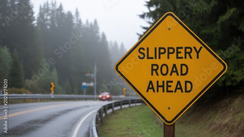 Slippery road sign warning on a foggy countryside highway
