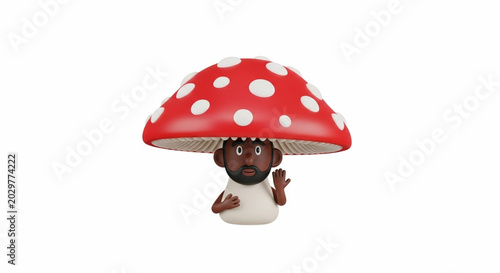 Man appearing from under a giant red mushroom