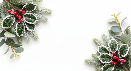 Christmas festive border with holly berries and pine branches isolated on white background