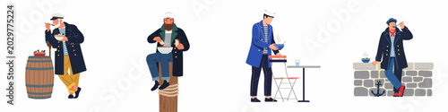 Foto Set of four nautical character illustrations showing sailors and captains in traditional seafaring attire enjoying a warm bowl of soup or stew