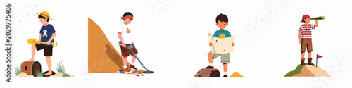 Konstfotografi Set of four cartoon boys in pirate outfits hunting for buried treasure, using a map, shovel, metal detector, and telescope on white background