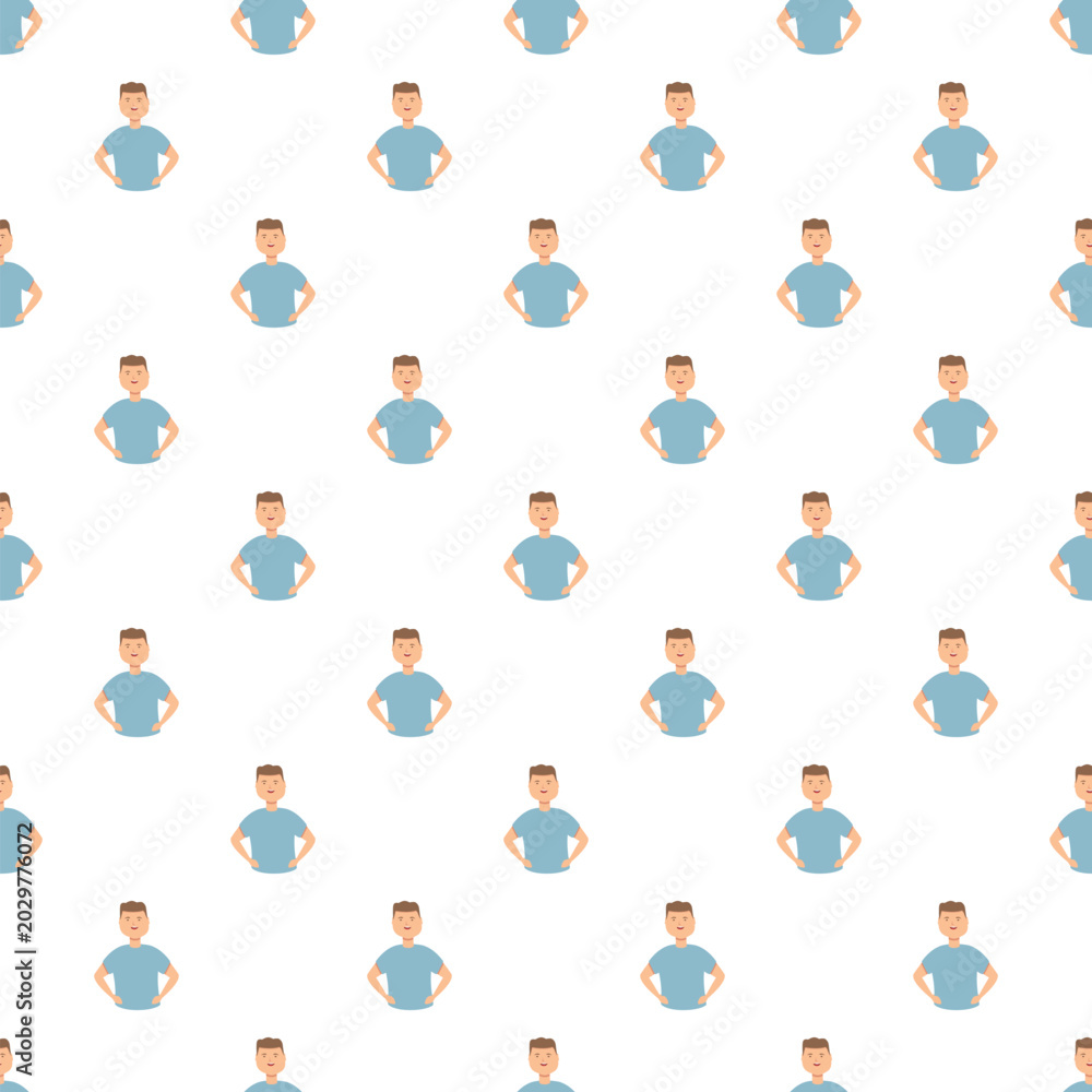 Fototapeta premium Repeating pattern of cartoon men wearing blue t shirts and smiling