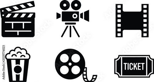 Foto Movie element icon set, clapperboard vintage camera film strip popcorn reel and ticket symbols for cinema and entertainment design