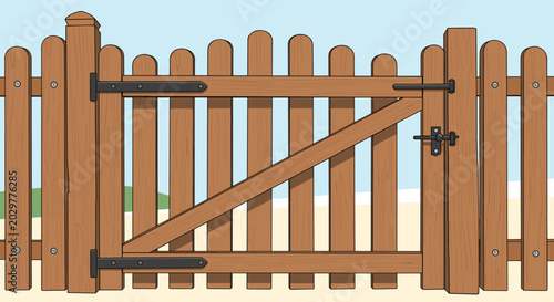Rustic brown wooden fence and gate with black metal hinges and a latch, set against a simple blue sky and green landscape.