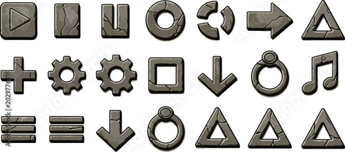 Foto Stone Game UI Icon Vector Set Featuring Cracking Rock Buttons for Menu Navigatio
