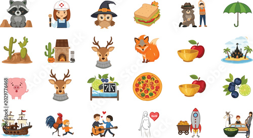 Quadro su tela Colorful Diverse Sticker Icon Set with Animals, Food, Characters, and Fantasy Sc