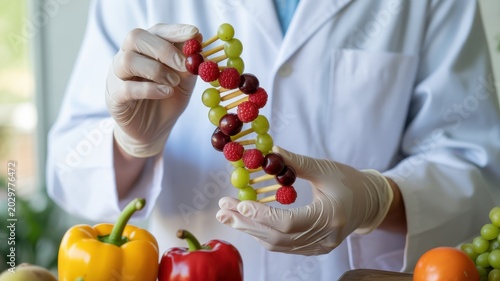 Scientist creating DNA double helix structure from fresh berries and grapes