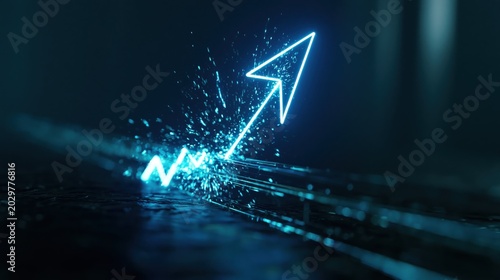 A glowing neon arrow breaking through a digital glass barrier, abstract financial growth concept, dark blue and cyan color palette, cinematic lighting