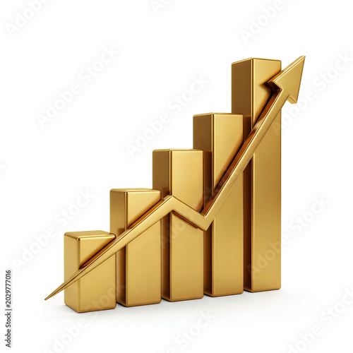Golden 3d bar chart with an upward arrow for business growth