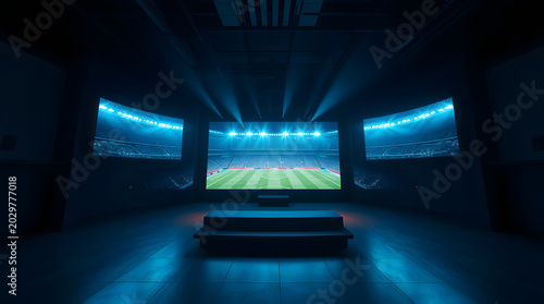 Dark room lit by a large projector screen during football night, with blue and green stadium light reflecting across the space and creating a tense cinematic atmosphere