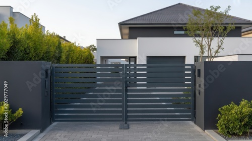Modern luxury home entrance with contemporary grey metal gate and minimalist architecture