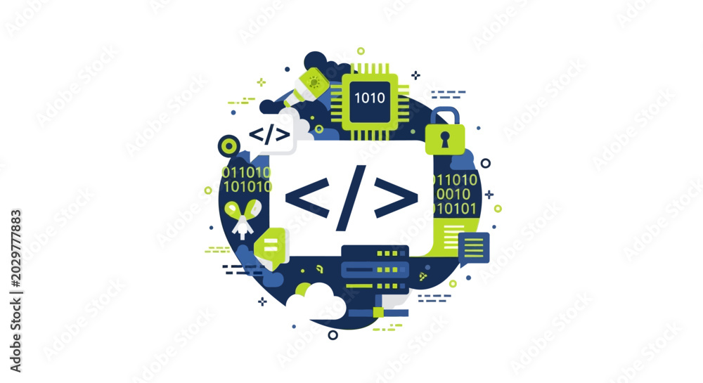 Fototapeta premium Software Development and Programming Concept Illustration with Coding Brackets, Cloud Computing, Cybersecurity Lock, and Data Server Icons on White Background