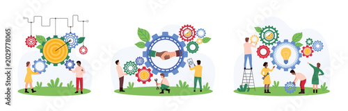 Productivity of teamwork, effective cooperation set. Tiny people improve interaction and work with gear system and light bulb, handshake of partners inside cogwheel cartoon vector illustration