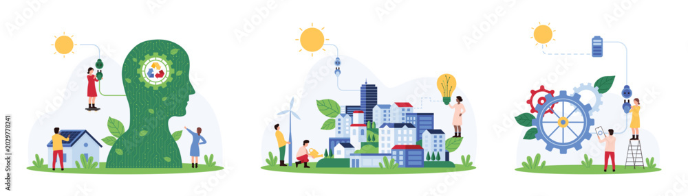 Fototapeta premium Green energy for city, eco friendly ideas of sustainability, smart home projects using AI set. Tiny people connect solar panels and houses of town, gear and human head cartoon vector illustration