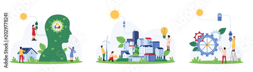 Green energy for city, eco friendly ideas of sustainability, smart home projects using AI set. Tiny people connect solar panels and houses of town, gear and human head cartoon vector illustration