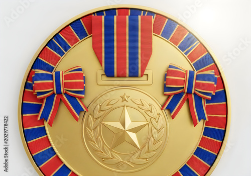 Bronze medal with red and blue ribbon and decorative bows