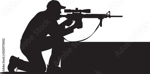Bild auf Leinwand Sniper kneeling with rifle and scope