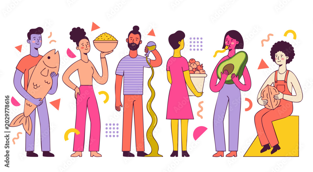 Fototapeta premium Healthy food illustration diverse people holding nutritious ingredients for Mediterranean diet with fish avocado olive oil and grains on white background flat vector style cartoon characters design