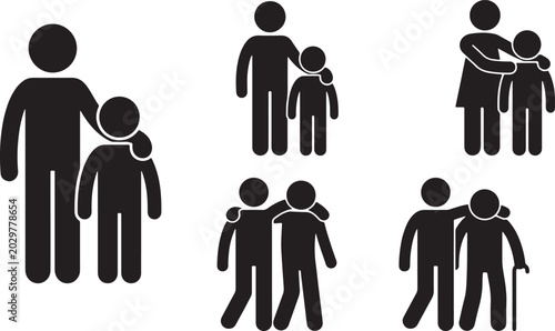 Cuadro en lienzo Set of six diverse family and friendship icon illustrations showing affectionate