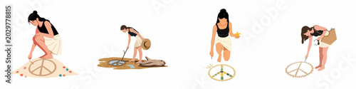 Photos Collection of four illustrations depicting diverse women drawing peace symbols in the sand on a beach setting