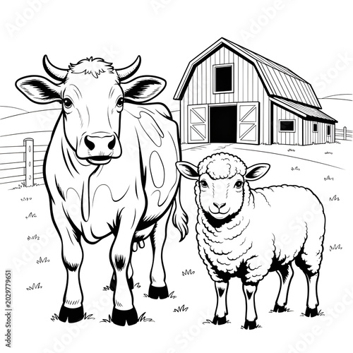 Fényképezés Black and white cow and sheep on a farm with a barn isolated on transparent back