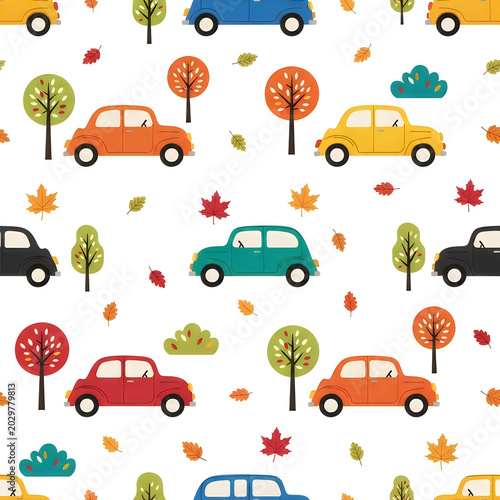 Colorful cartoon cars and autumn trees seamless pattern