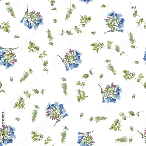 Seamless pattern with peritoneum, Symphytum officinale flowers and grass