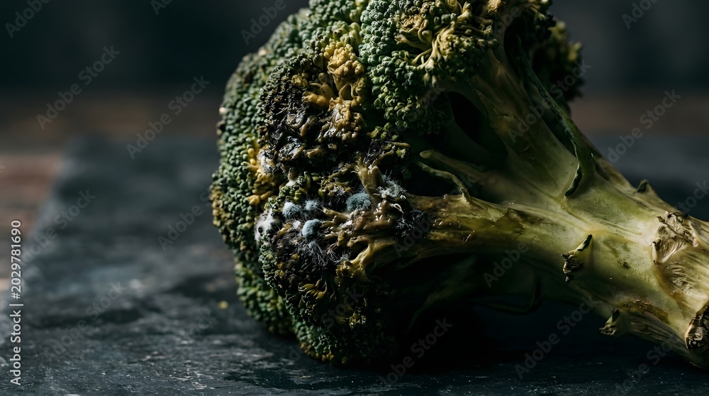 Fototapeta premium Rotten Broccoli Action Shot, Isolated on Dark Slate, Food Photography, Low-Light Environment, Close-Up View, Food Waste Awareness