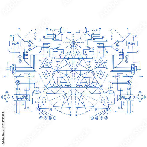 Symmetrical Blue Line Art Circuit Diagram with Sacred Geometry and Mystical Symbols
