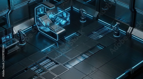 Futuristic interior design with illuminated elements and robotic arms