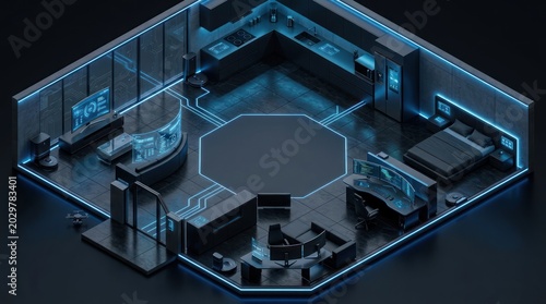 Isometric view of a futuristic living space with digital displays and glowing lines