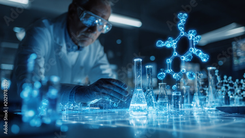 scientist working with artificial intelligence drug discovery system, holographic molecules and chemical structures floating around, futuristic pharmaceutical laboratory,  biotech concept
