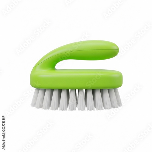 Green plastic scrub brush with white bristles for cleaning