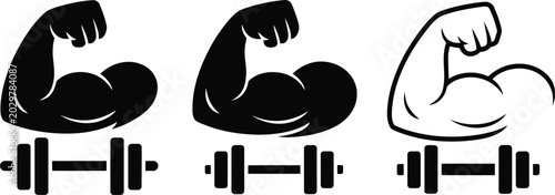 Schilderij op canvas Gym icon set, flexing biceps and dumbbell symbols for strength training fitness workout and bodybuilding design projects