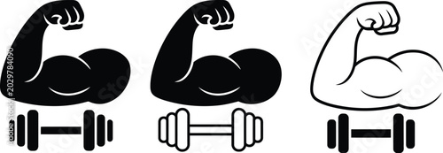 Fotografie Workout icon set, strength training and gym symbols featuring dumbbells flexing arms and fitness equipment graphics
